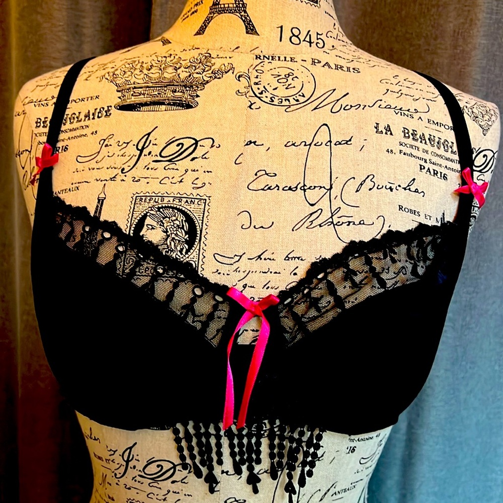 New, black bra with lace and lace fringe